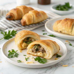 Sausage cream cheese crescent roll cut open on white marble
