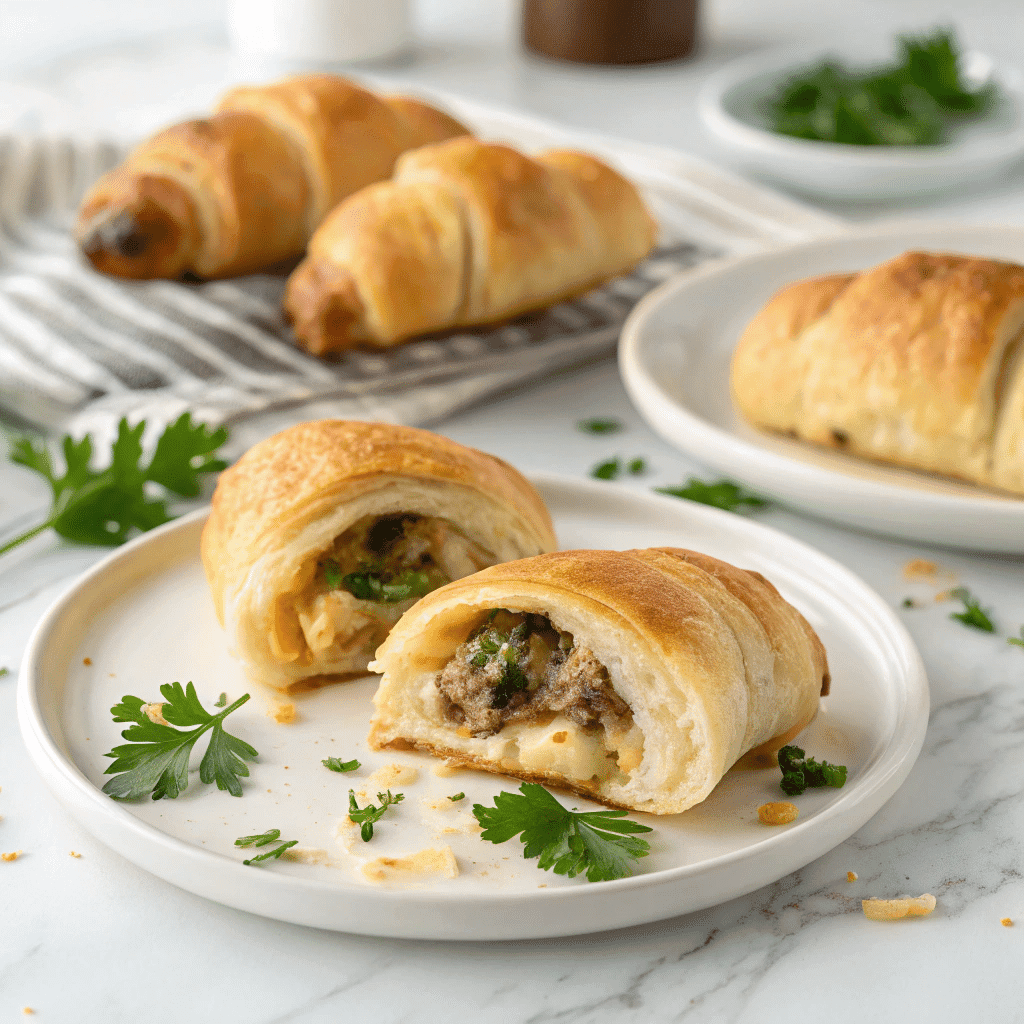Sausage cream cheese crescent roll cut open on white marble