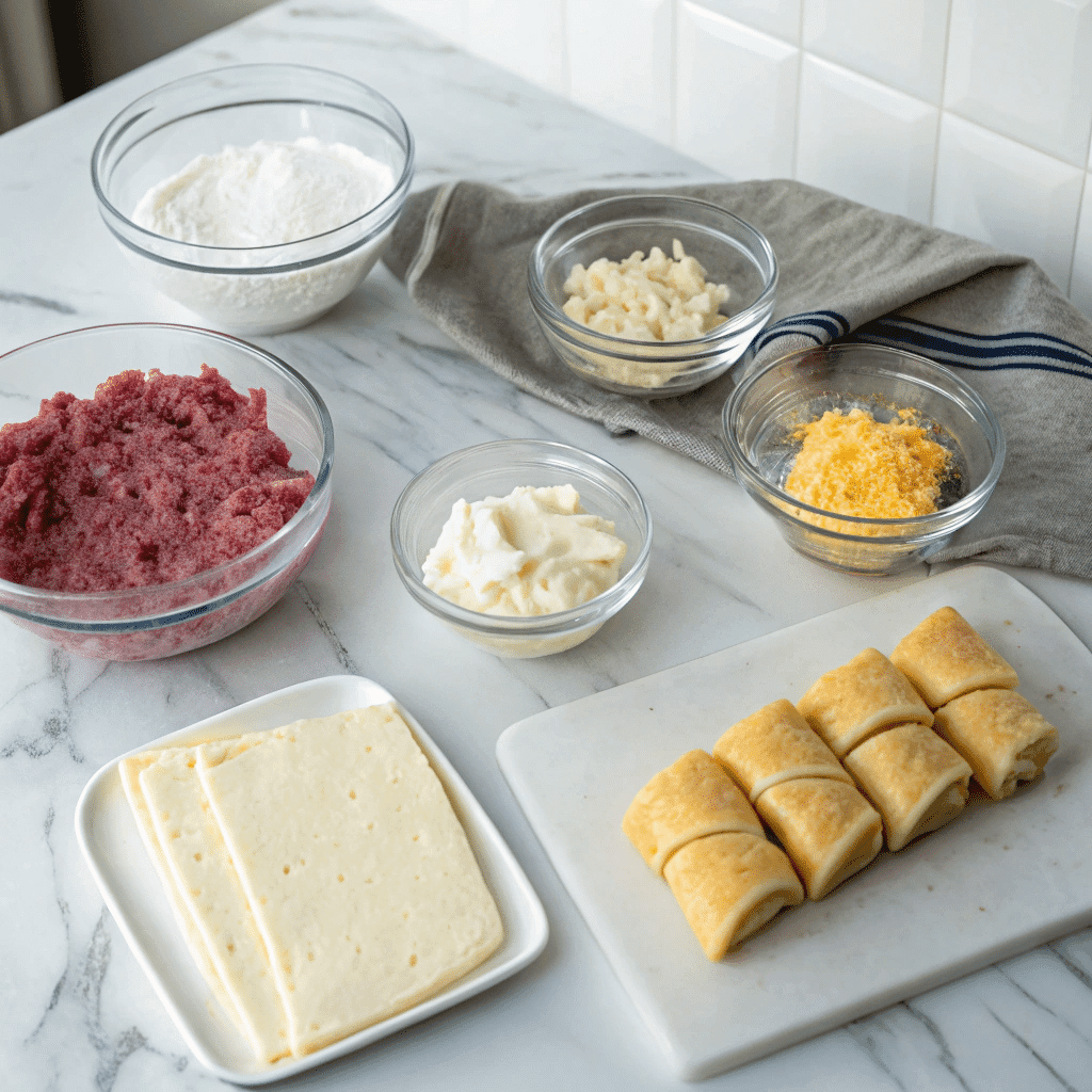 Sausage Cream Cheese Crescents – Irresistible 3-Ingredient Snack You’ll Make Again and Again 7 Ingredients for sausage cream cheese crescents on white marble