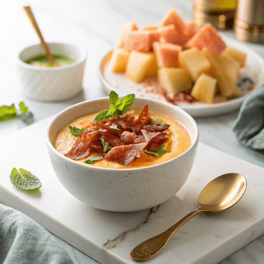 Cantaloupe Gazpacho 9 served cantaloupe gazpacho with prosciutto garnish