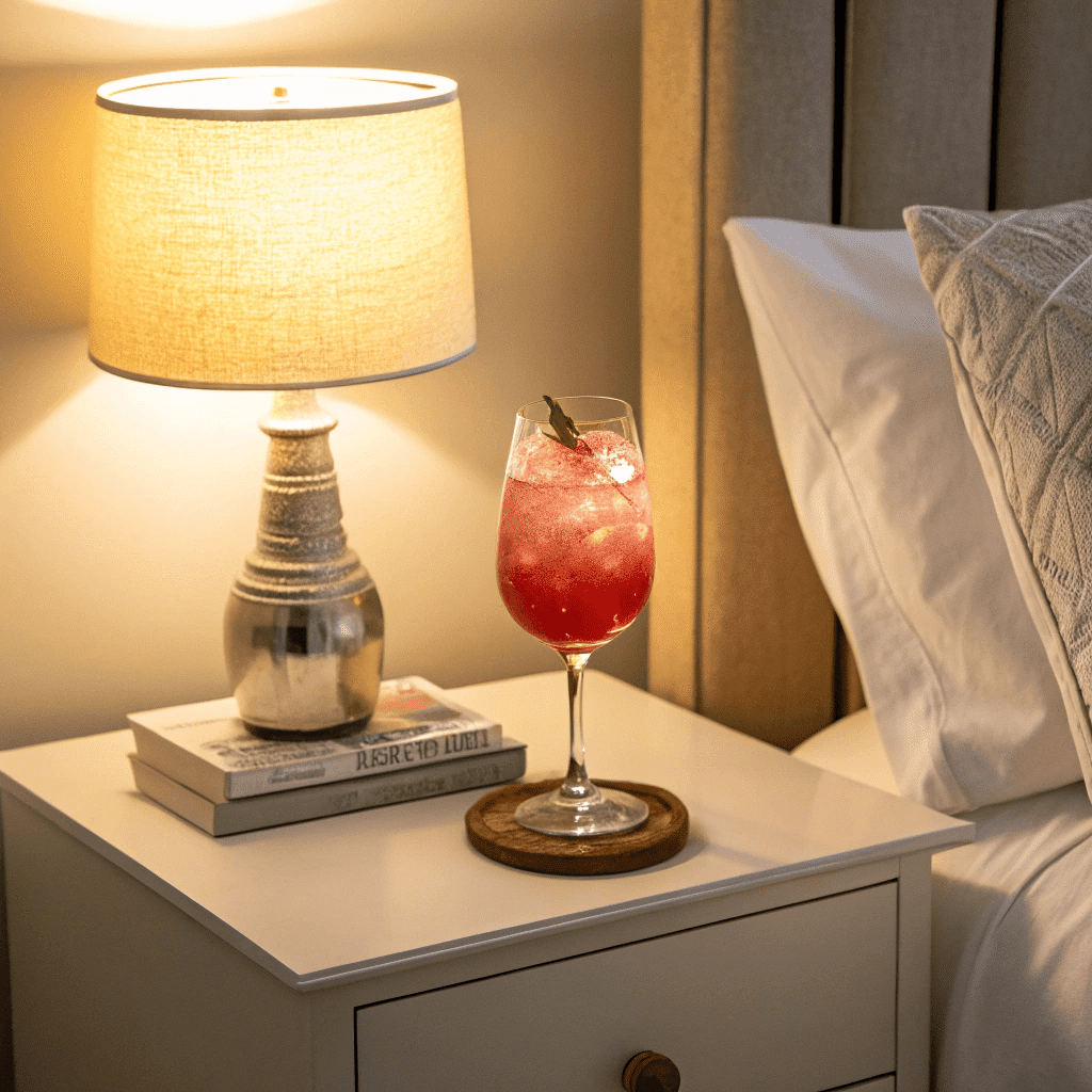 Sleepy Girl Mocktail – The Ultimate Nighttime Ritual That Actually Works 11 relaxing bedtime scene with a minimalist glass of sleepy girl mocktail ready to enjoy before sleep.