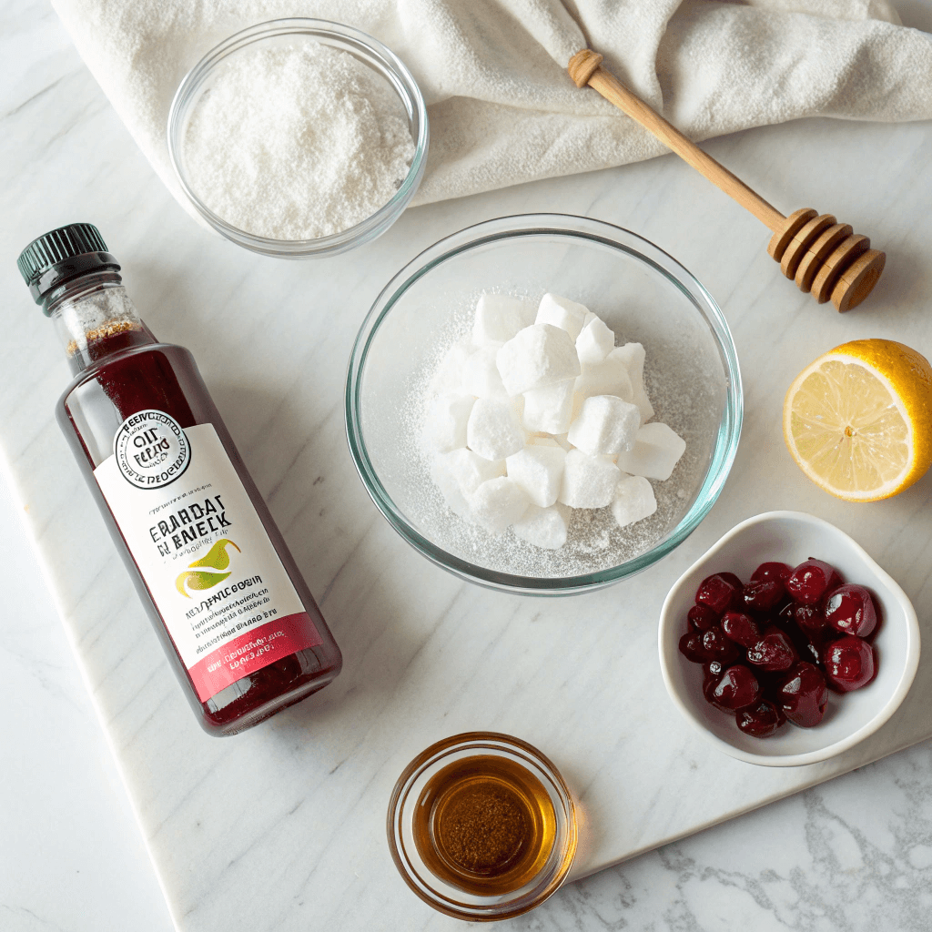 Sleepy Girl Mocktail – The Ultimate Nighttime Ritual That Actually Works 8 sleepy girl mocktail ingredients on white marble counter