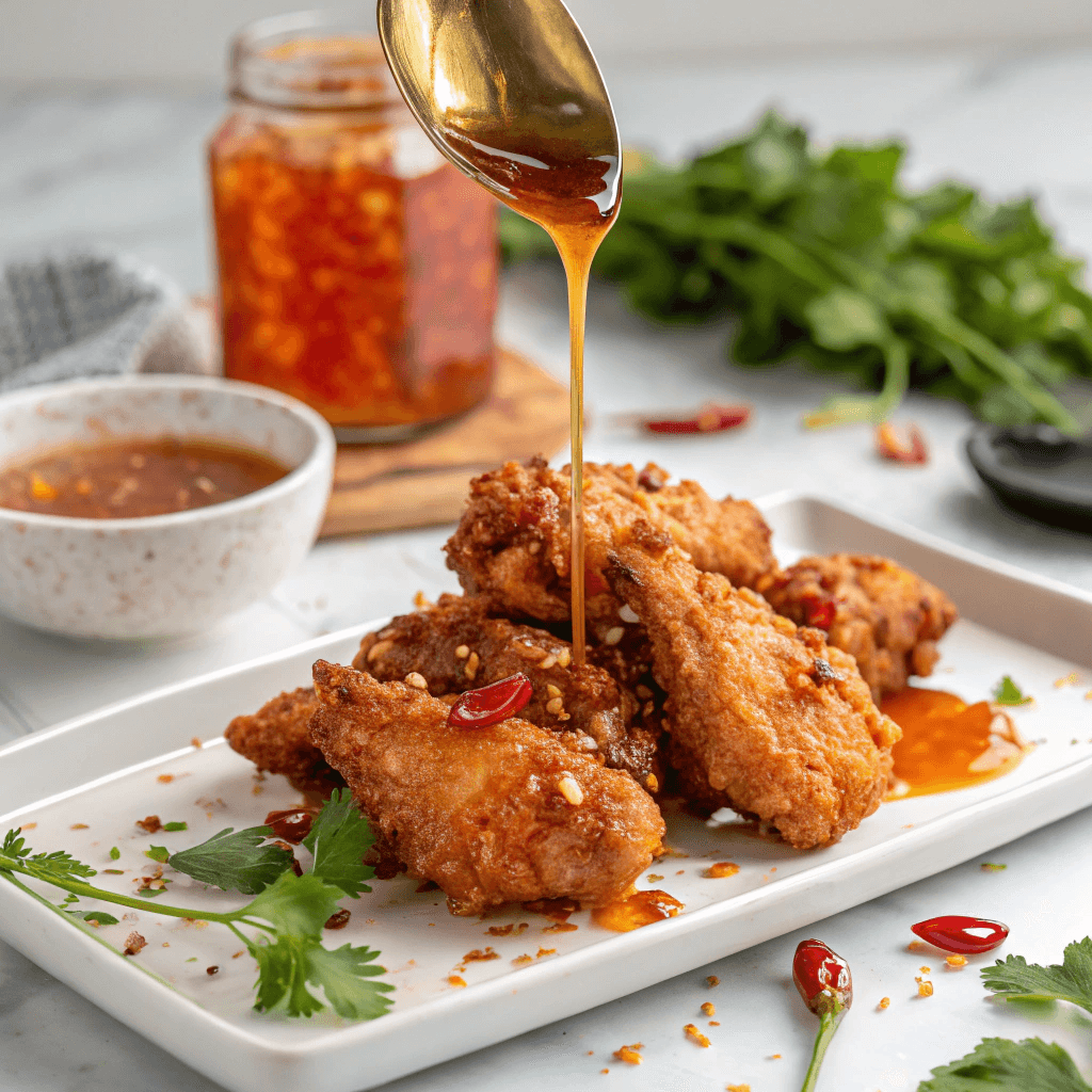 How to make spicy honey sauce drizzled over crispy chicken