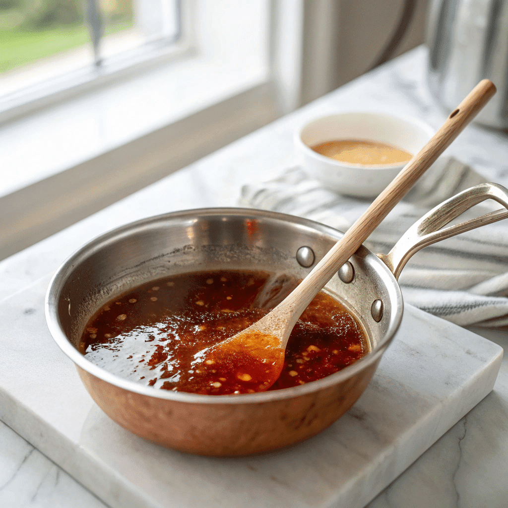 Spicy Honey Sauce for Chicken Recipe – Sweet Heat That Sticks to Every Bite! 8 Simmering spicy honey sauce in saucepan
