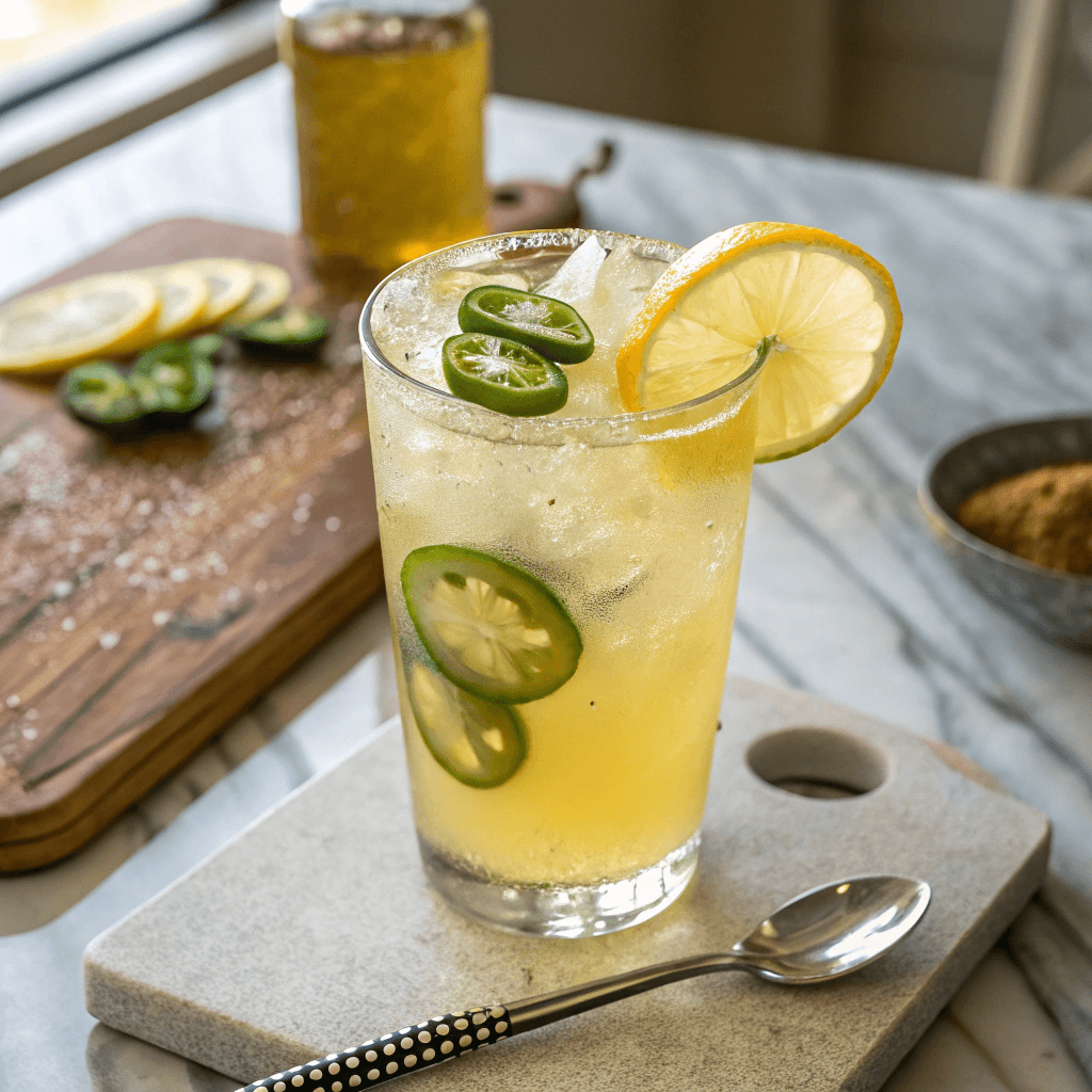 spoon lifting spicy pickle lemonade with garnish