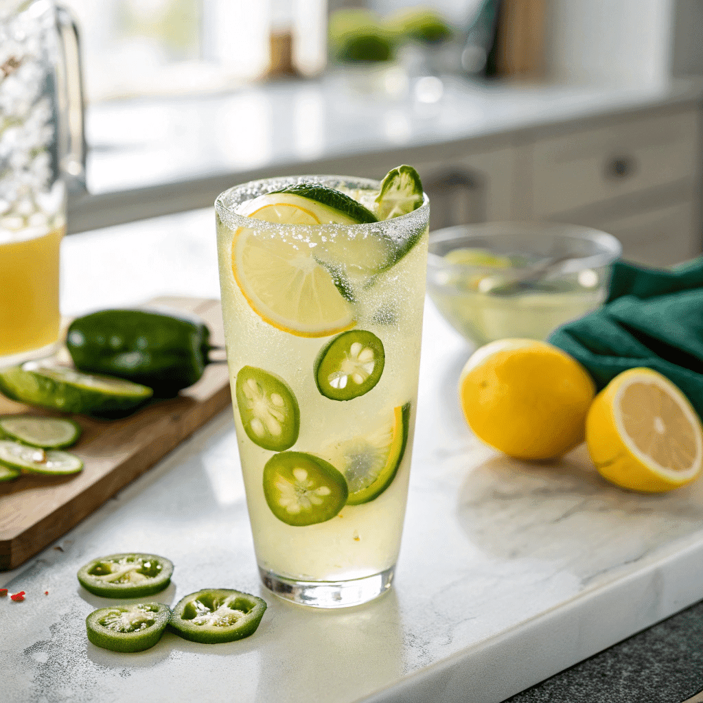 glass of spicy pickle lemonade with chili garnish