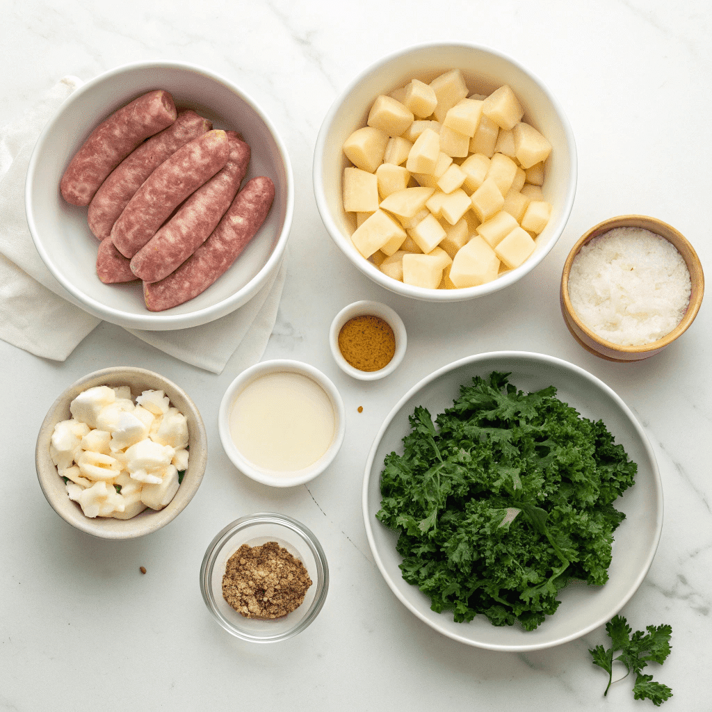Zuppa Toscana Recipe 8 ingredients for zuppa toscana on marble counter