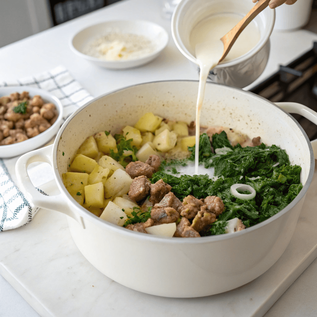 Zuppa Toscana Recipe 9 Browning sausage for Zuppa Toscana in a white pot
