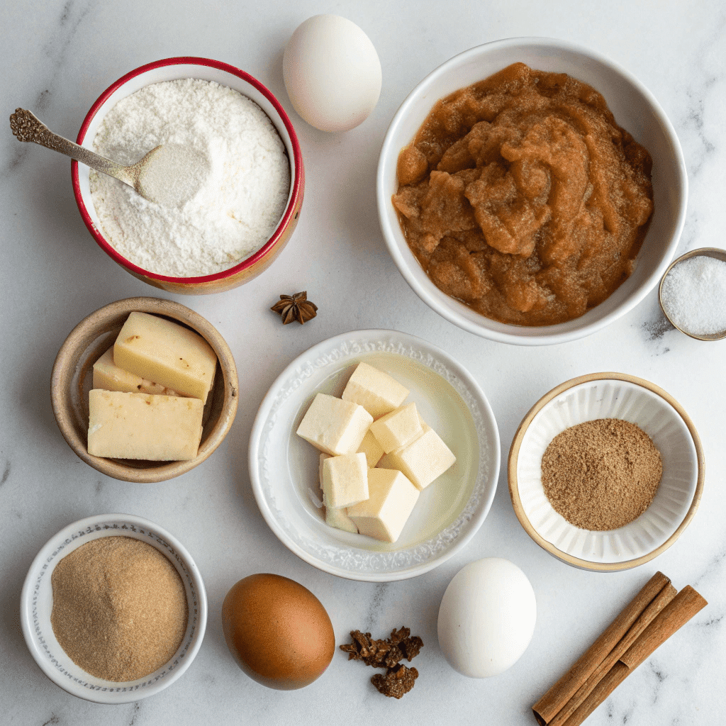 Amish Applesauce Cake Recipe 8 Ingredients for Amish applesauce cake recipe displayed on wooden counter
