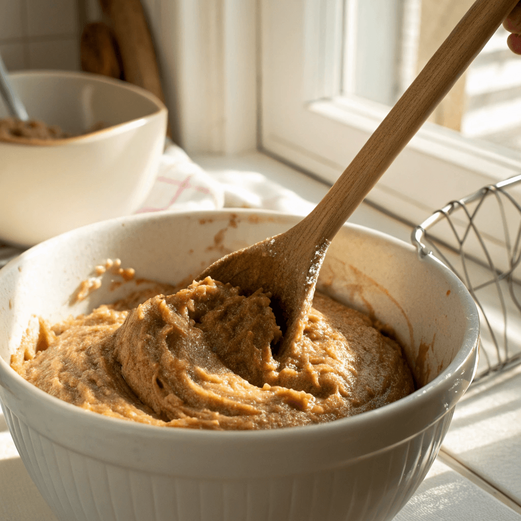 Amish Applesauce Cake Recipe 9 Mixing batter for Amish applesauce cake with a wooden spoon