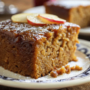 Amish applesauce cake recipe on a farmhouse table in a rustic kitchen