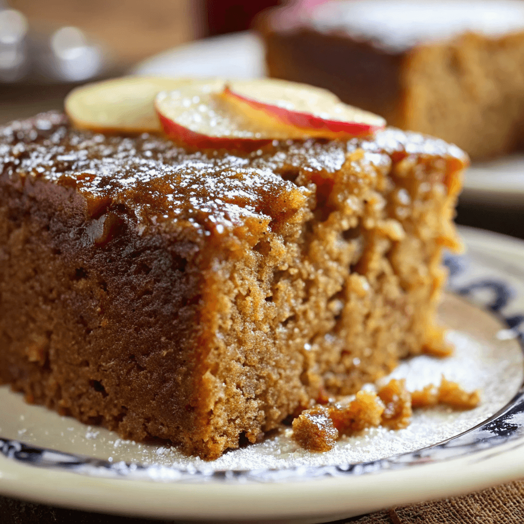 Amish applesauce cake recipe on a farmhouse table in a rustic kitchen