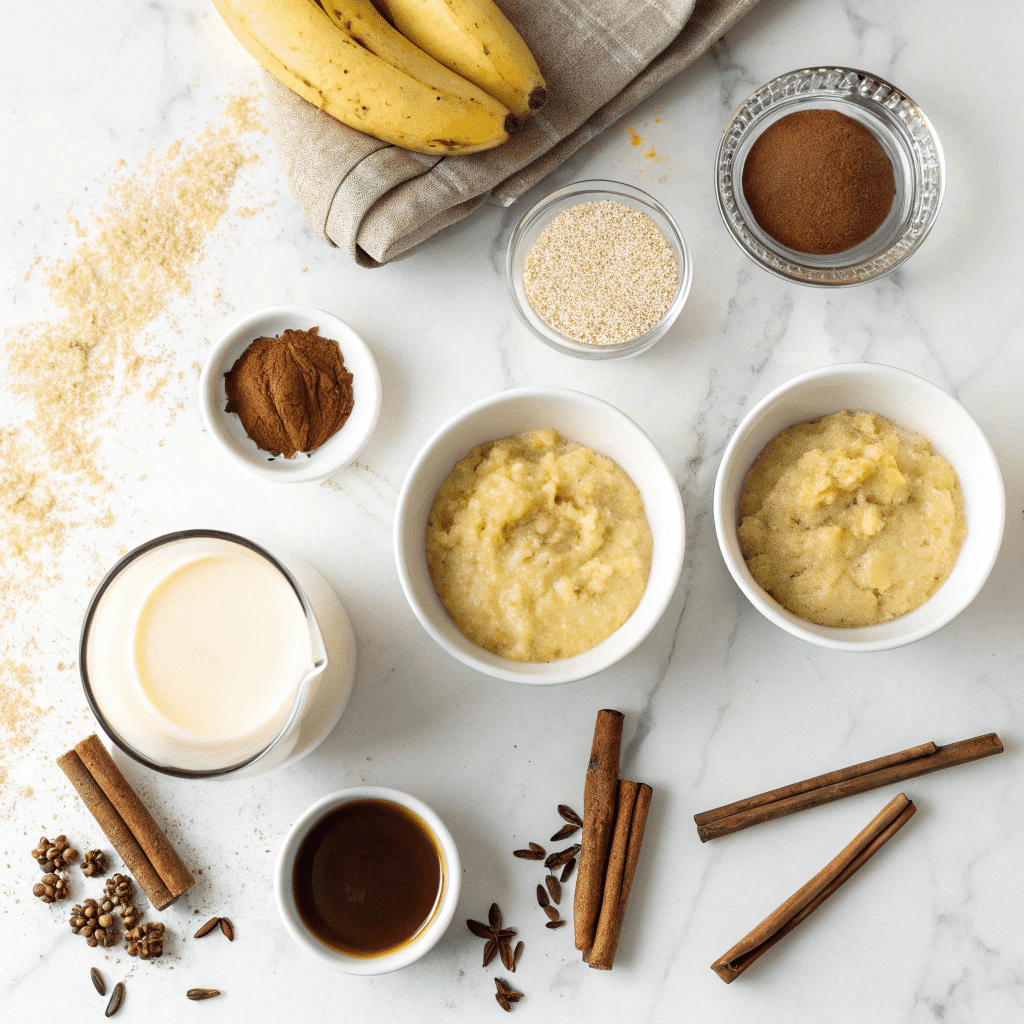 Banana Bread Latte Recipe 8 Ingredients for banana bread latte recipe on marble surface