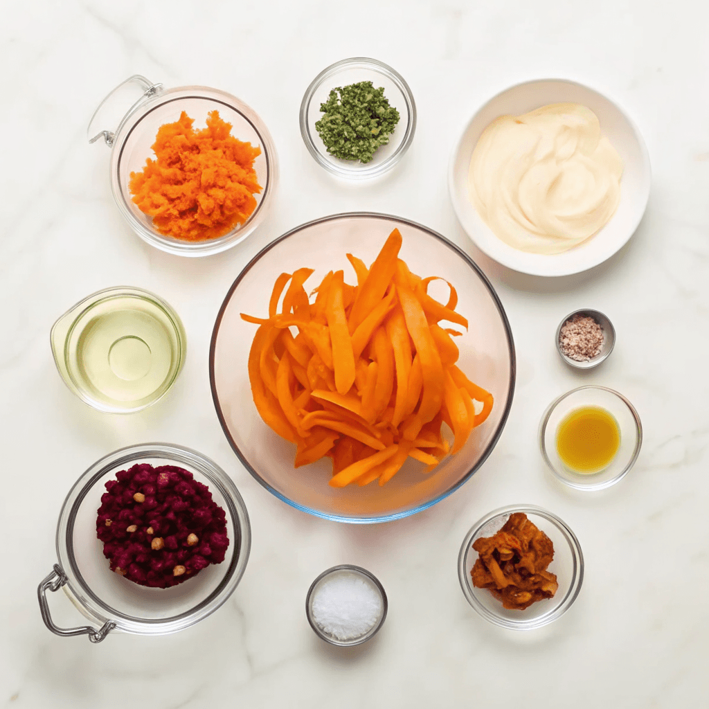 Carrot Ribbon Salad 8 Ingredients for carrot ribbon salad laid out on a board