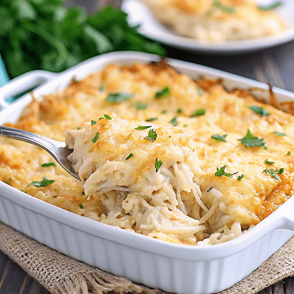 Almost-finished chicken and Knorr rice casserole in dish