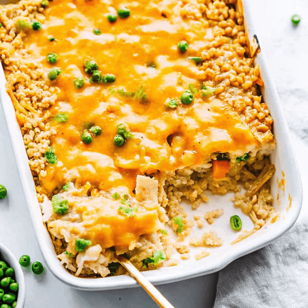 Chicken and Knorr rice casserole baked golden and ready to serve