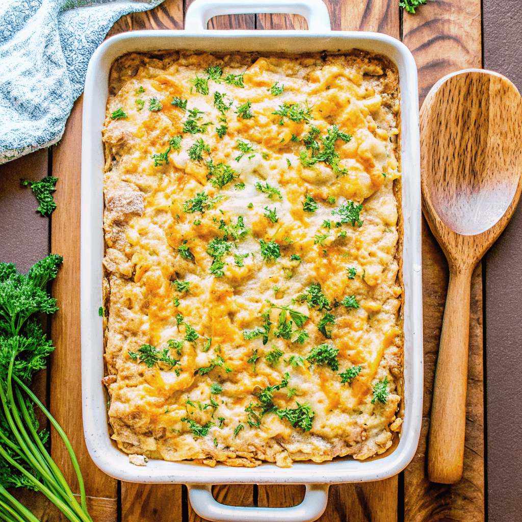 Chicken and Knorr rice casserole served with salad and bread