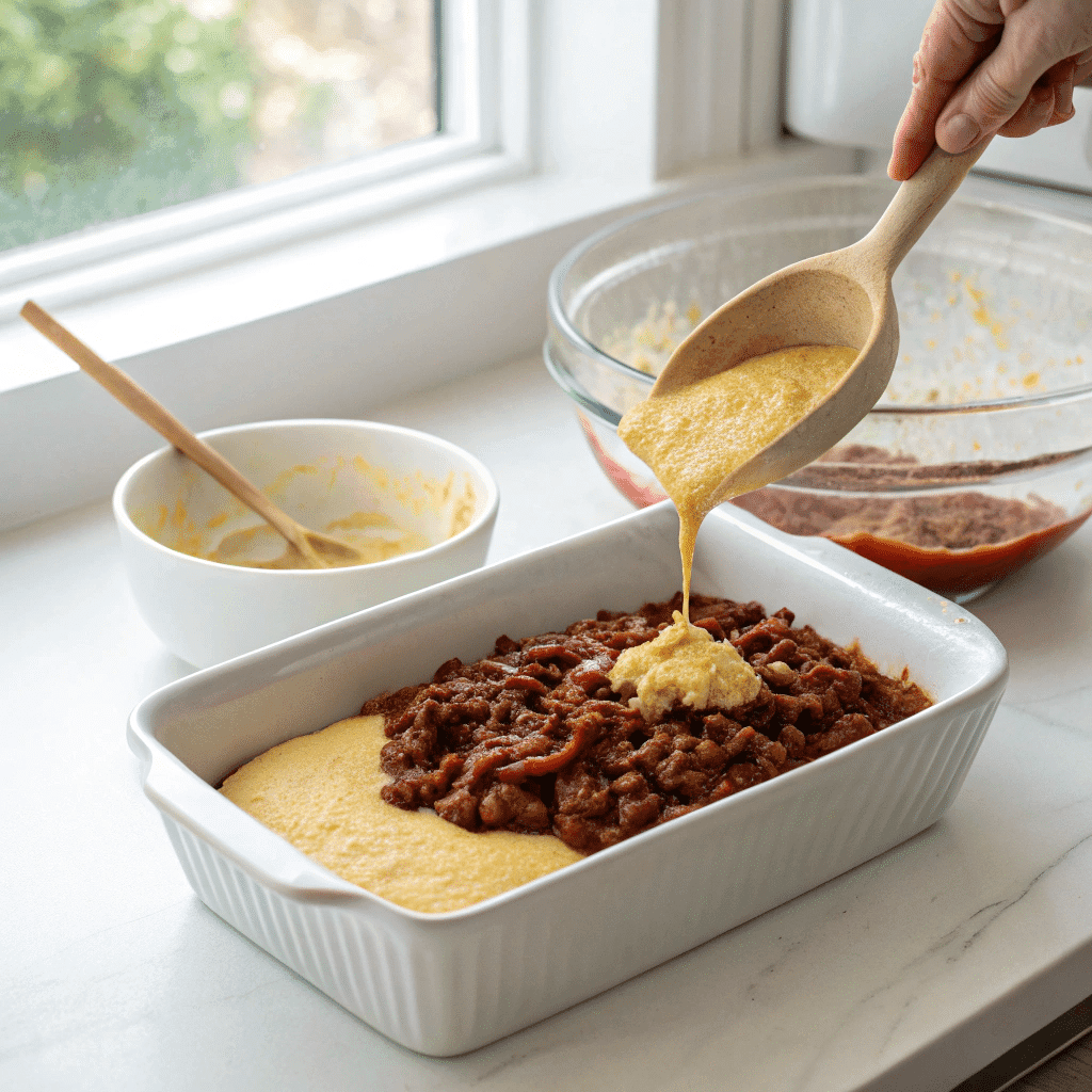 Cornbread Topped Chilli Pie Chile Madness Recipe 9 assembling the cornbread topped chilli pie
