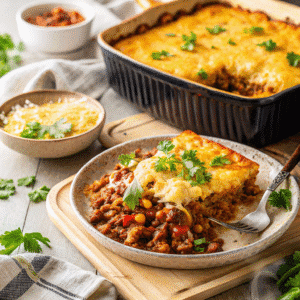 cornbread topped chilli pie chile madness recipe in skillet