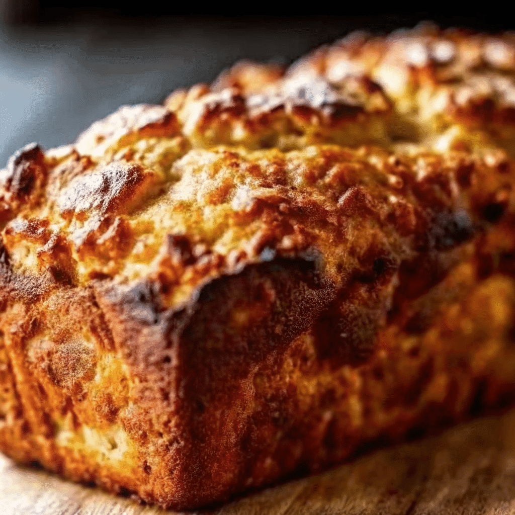 Freshly baked cottage cheese banana bread on a wooden board