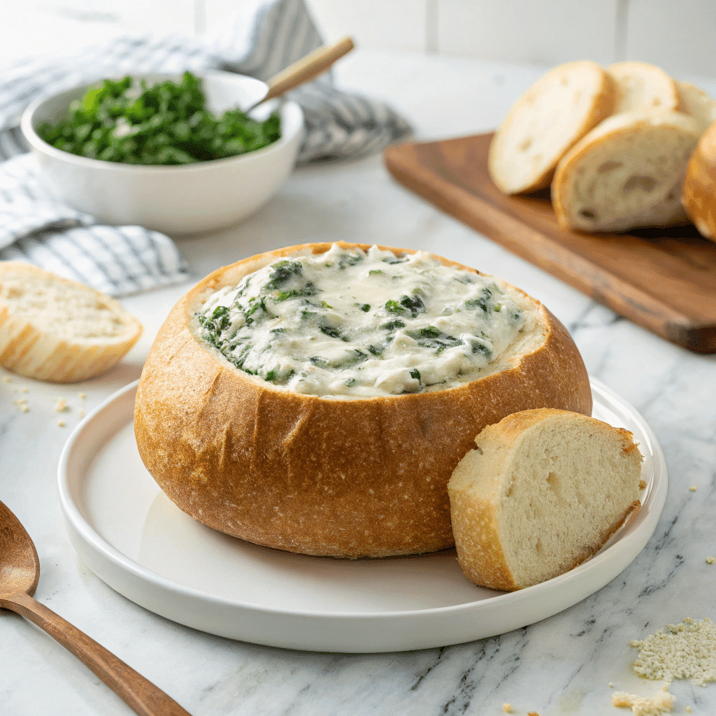 Knorr spinach dip recipe in a white bowl with veggies