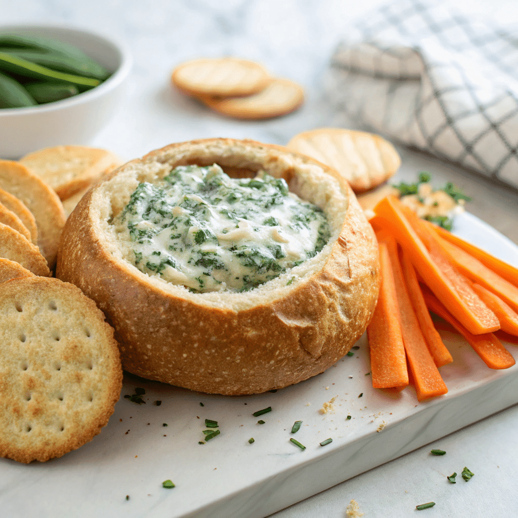 Knorr Spinach Dip Recipe 9 Knorr spinach dip in a bread bowl with crackers