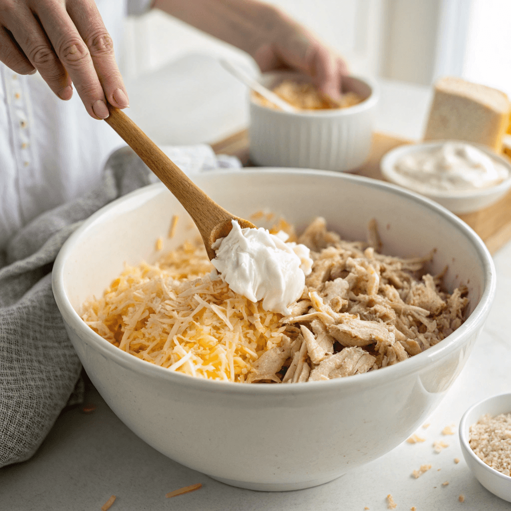 Mixing chicken, Knorr rice, and sour cream for casserole