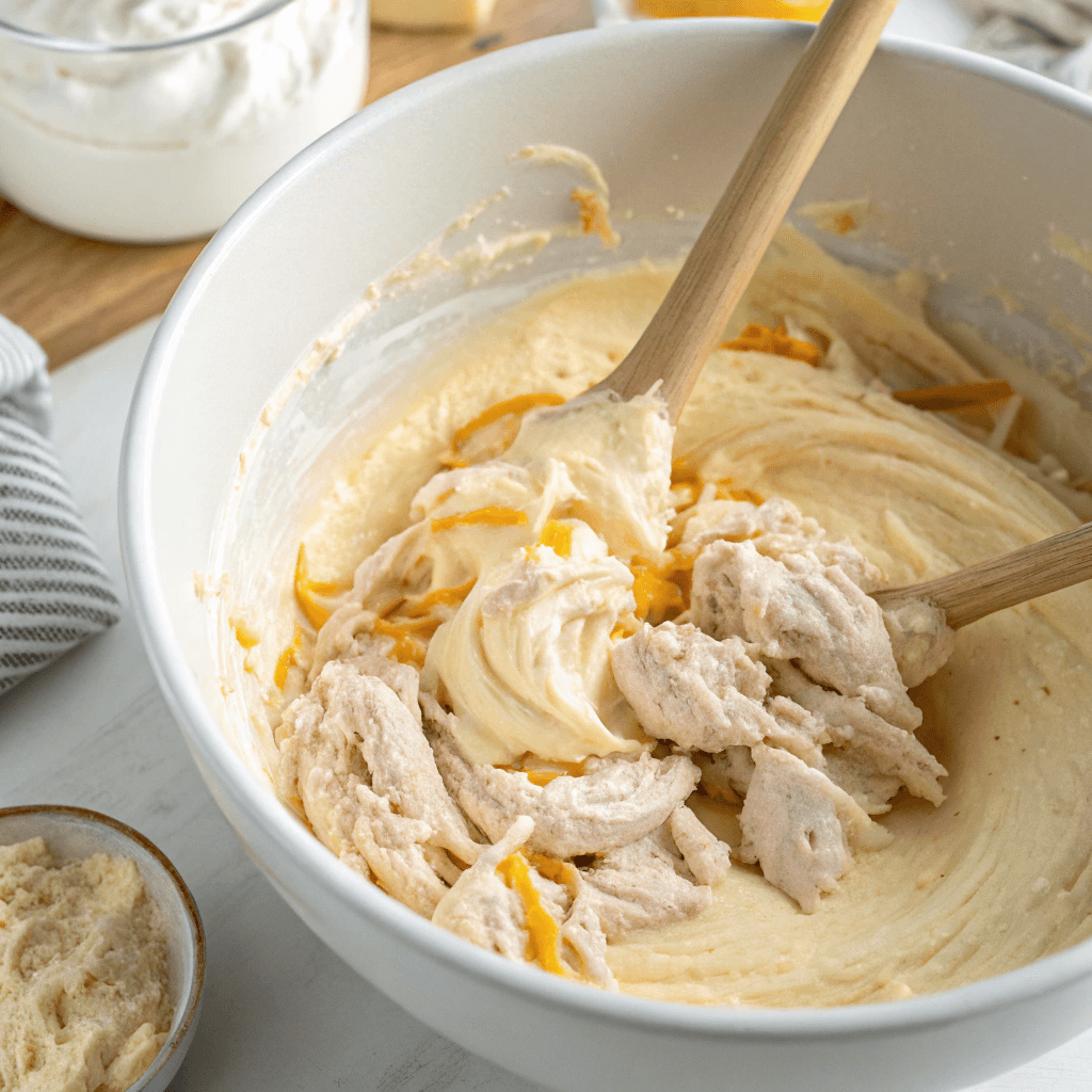 Neiman Marcus Chicken Casserole Recipe 9 Chicken, cheese, and sour cream mixture in a mixing bowl