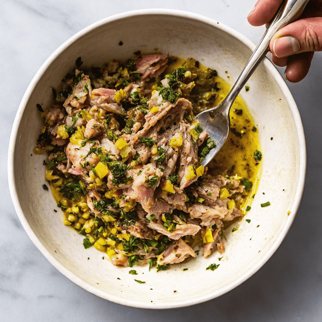Buona Beef Tuna Genovese Copycat Recipe 9 Mixing tuna with lemon, capers, and olive oil for Genovese recipe
