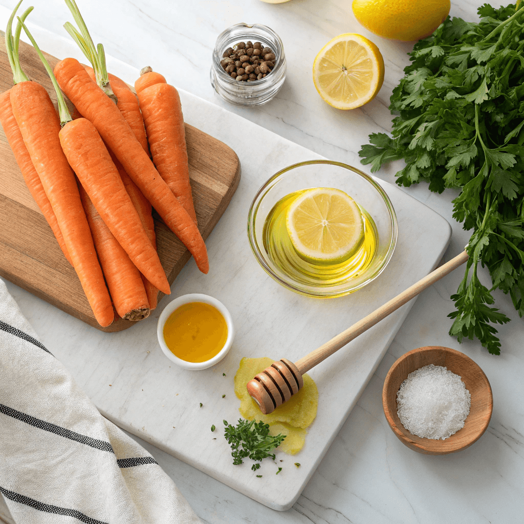 Retinol Carrot Salad 8 Ingredients for retinol carrot salad laid out on a cutting board