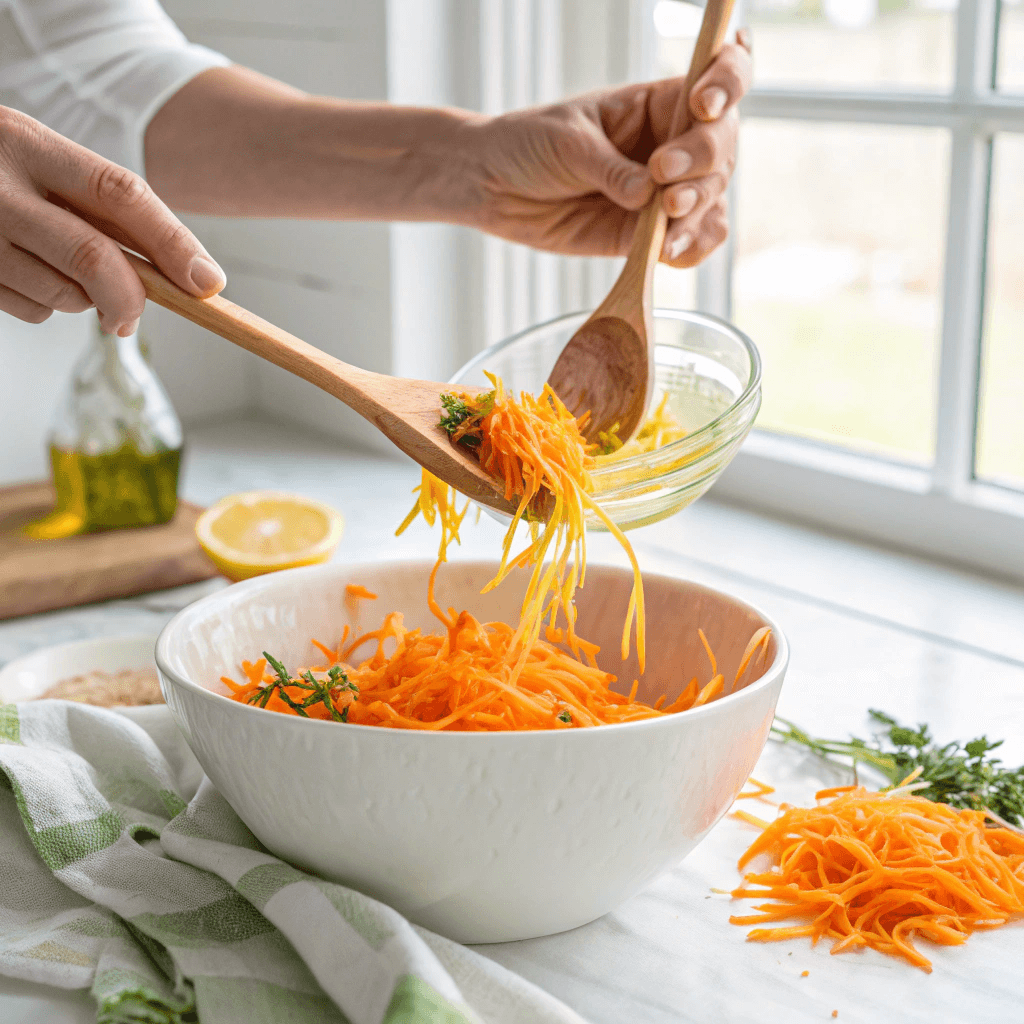 Retinol Carrot Salad 9 Mixing retinol carrot salad in a glass bowl