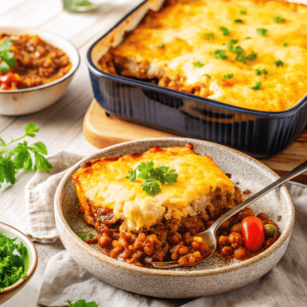 Cornbread Topped Chilli Pie Chile Madness Recipe 11 plated slice of cornbread topped chilli pie