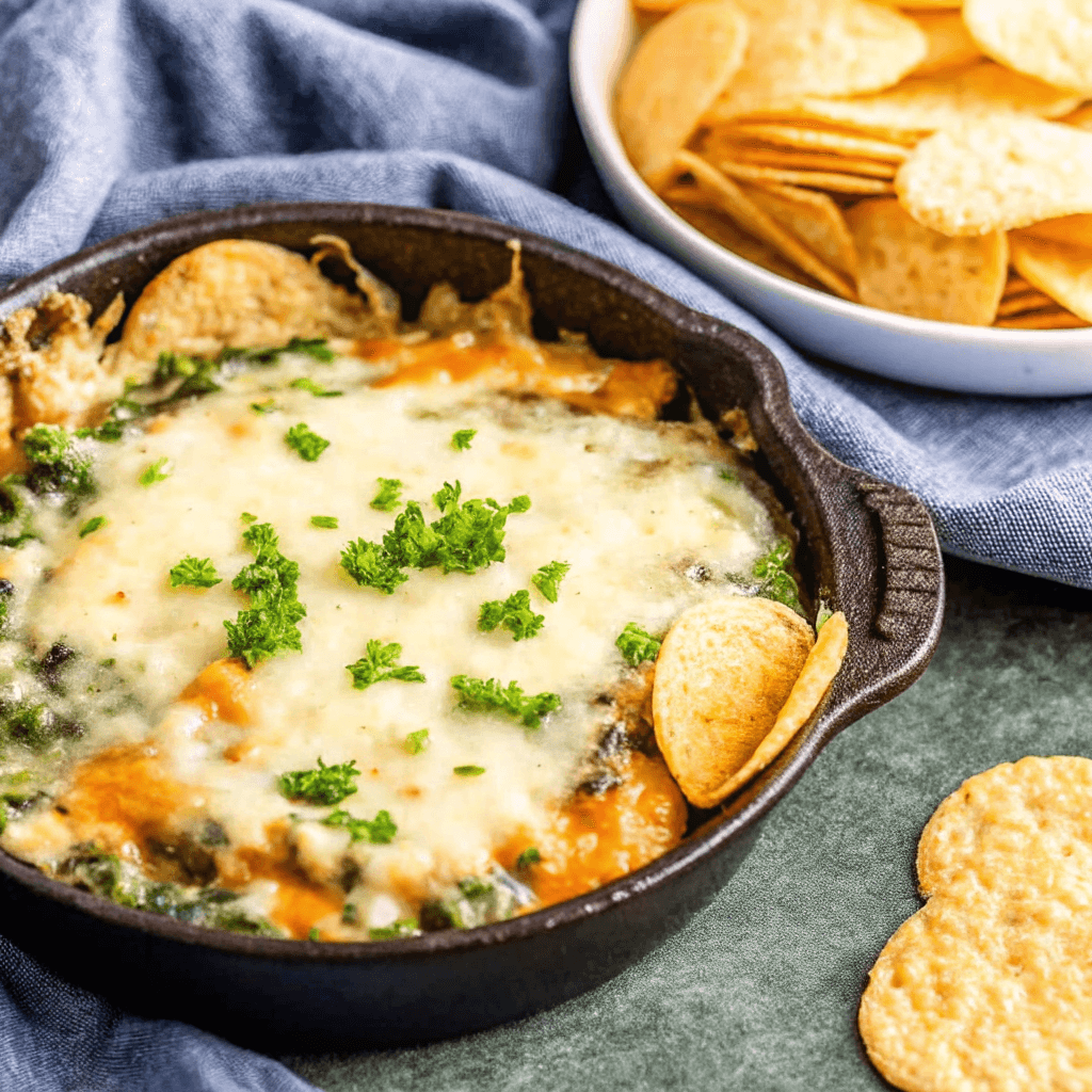 Spinach Artichoke Dip Recipe 12 Finished spinach artichoke dip with crumbs and bread
