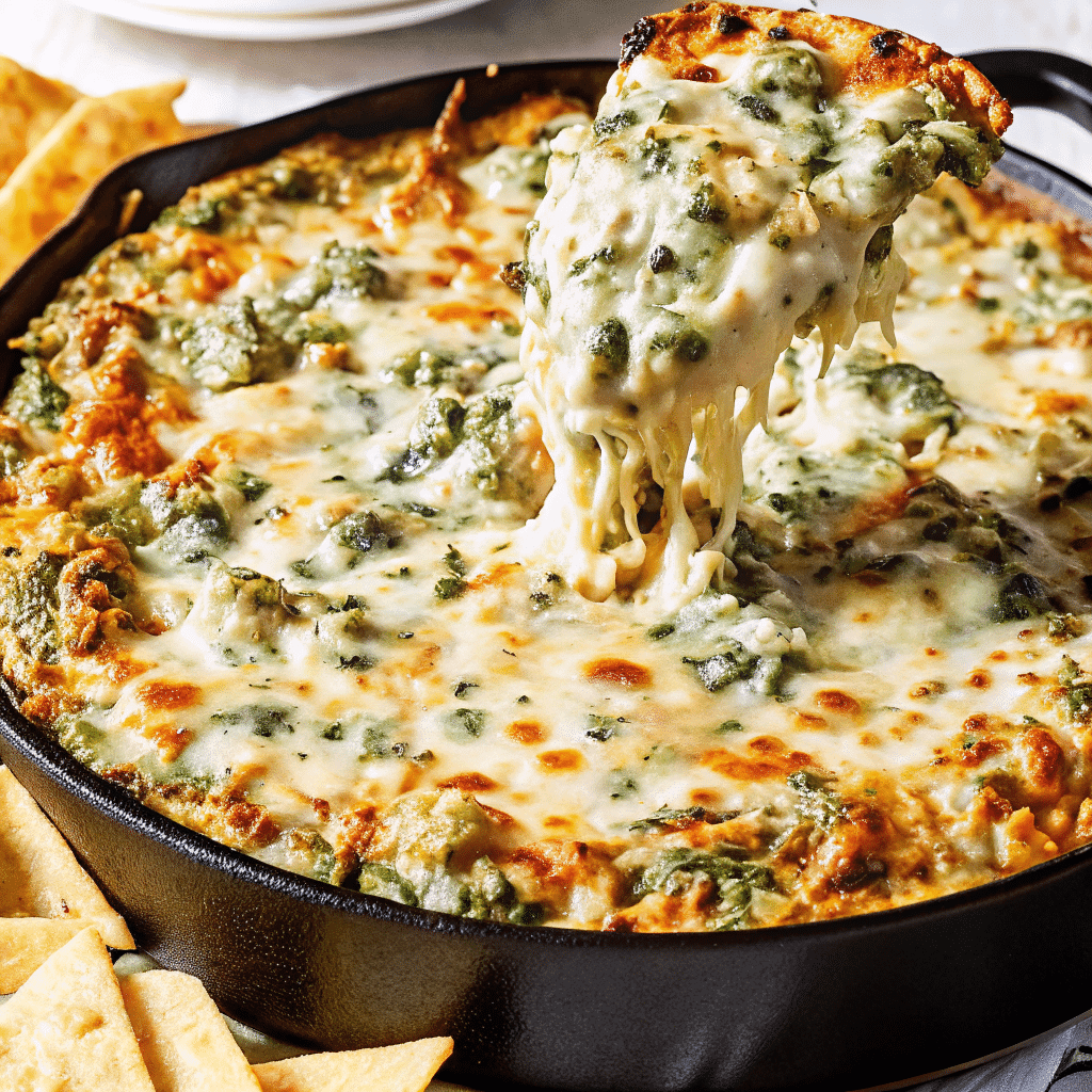 spinach artichoke dip recipe in white baking dish