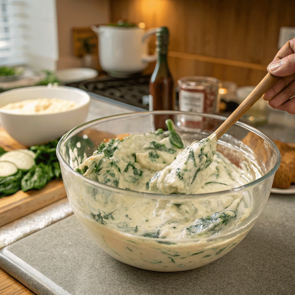 Spinach Artichoke Dip Recipe 9 mixing spinach artichoke dip in bowl