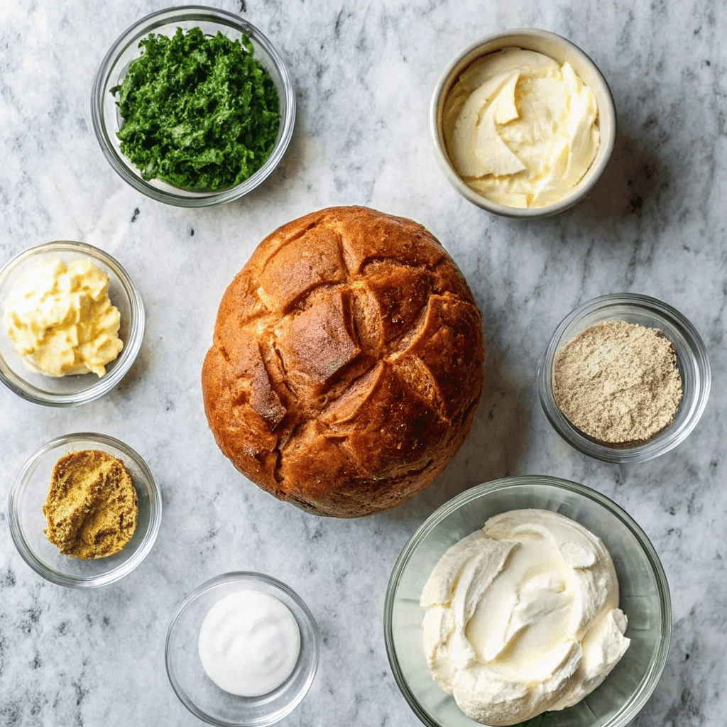 Spinach Dip in Bread Bowl 8 ingredients for spinach dip bread bowl arranged on a table