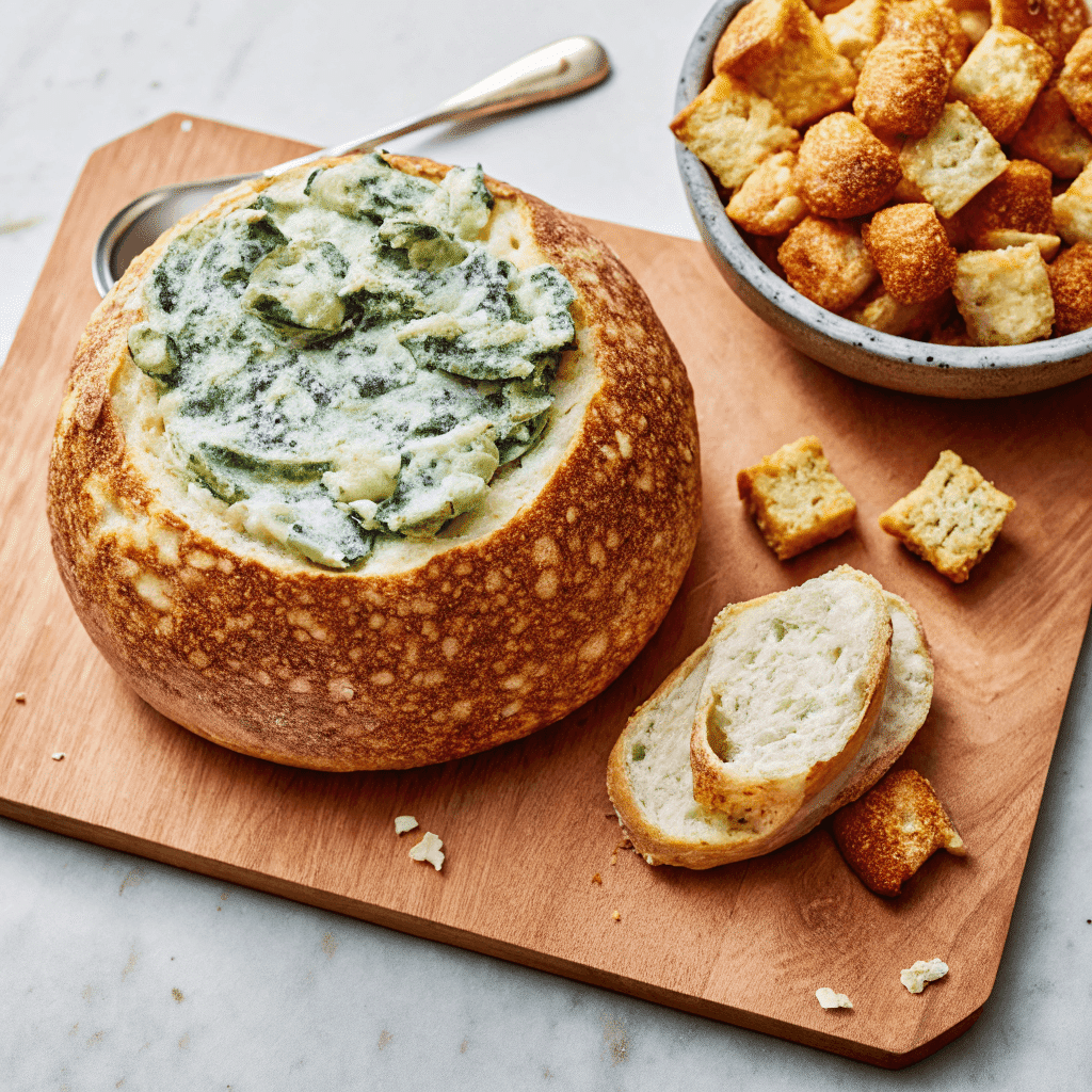 Spinach Dip in Bread Bowl 10 spinach dip in bread served with assorted dippers