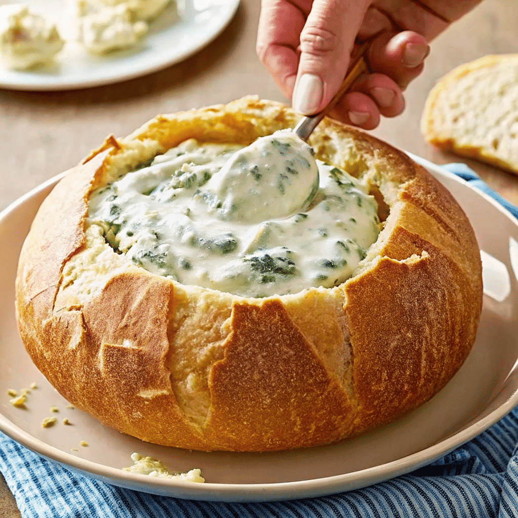 spinach dip in bread bowl served with vegetables and bread