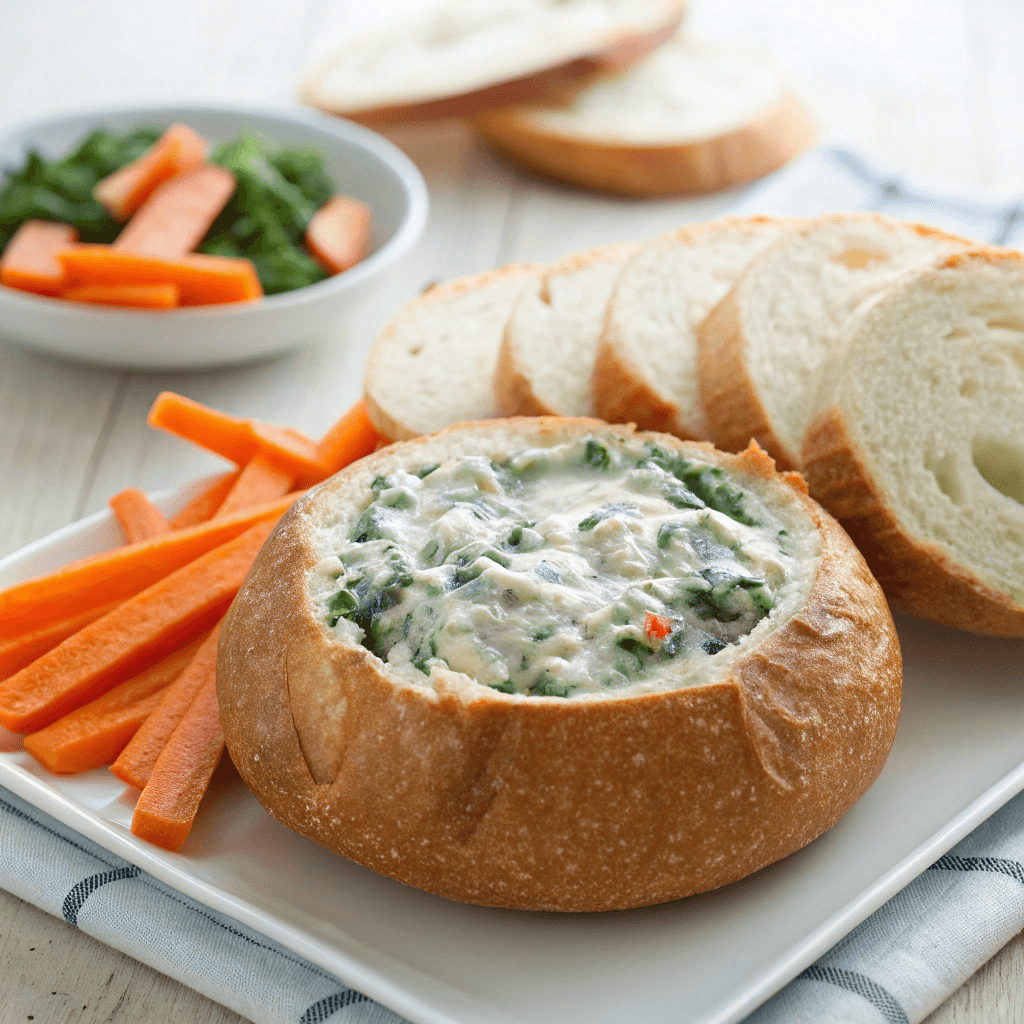 Spinach Dip Recipe 10 spinach dip in bread bowl with sides