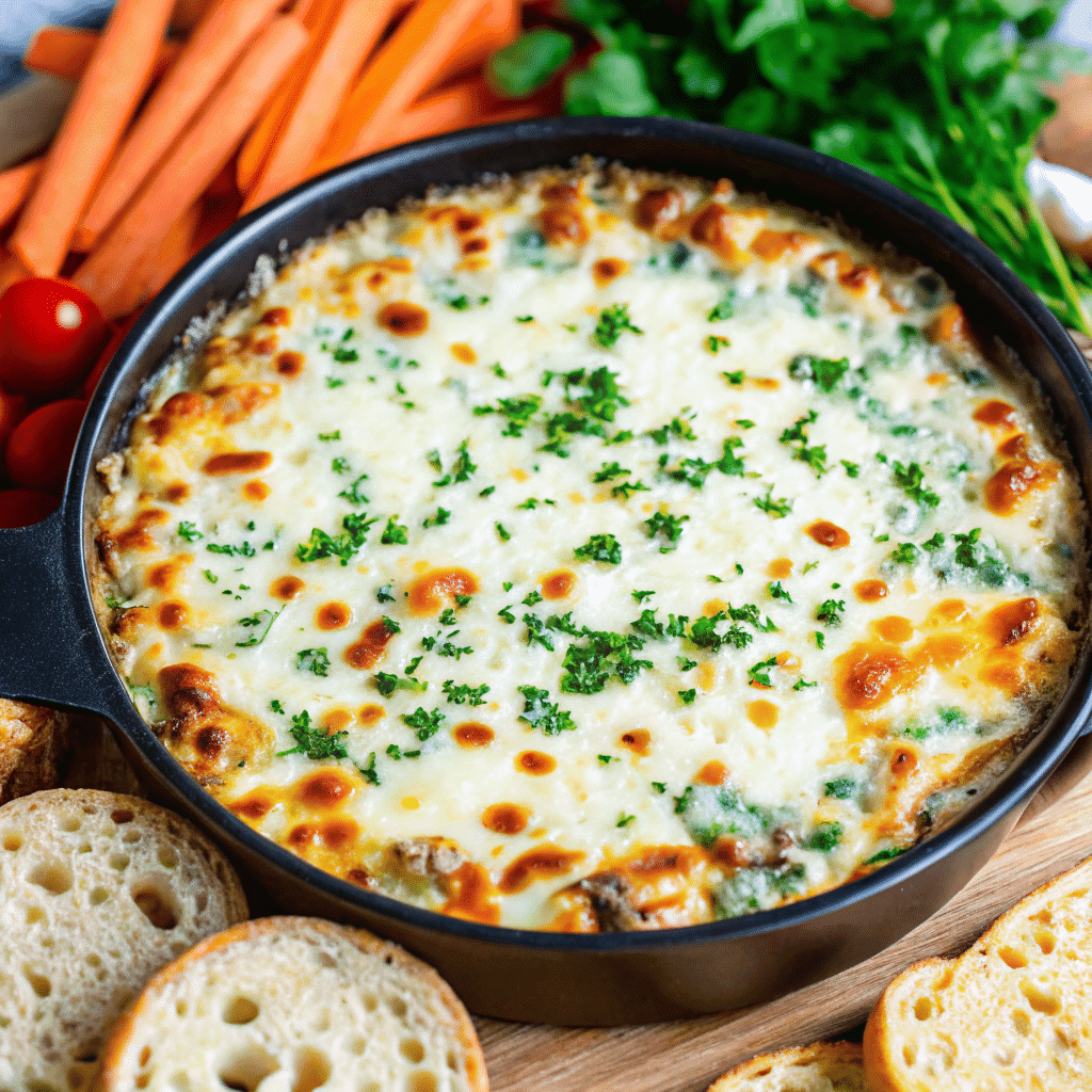 spinach dip recipe served with crackers and vegetables