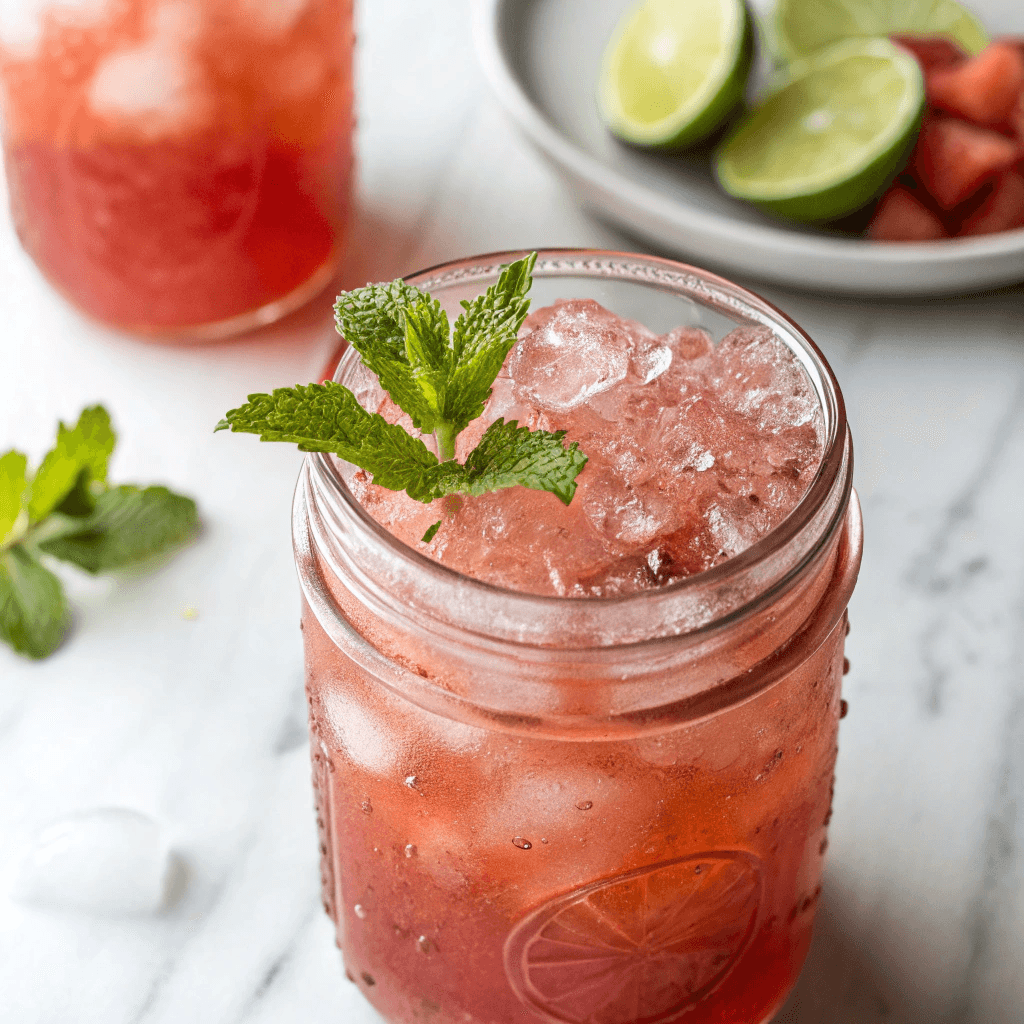 Watermelon Moonshine Recipe 10 Watermelon moonshine in a mason jar over ice with mint and lime